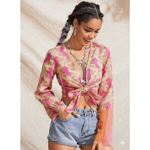 Rose Olive Large Pink Olive Floral Tiefront Tunic Blouse Cottage Resortwear Chic